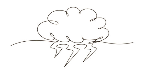 Continuous one line drawing of human brain, storm cloud and lightning symbol. One line contour drawing depression, stress, mental health issues concept. Vector illustration with editable stroke