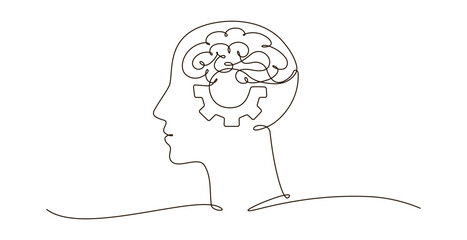 Continuous one line drawing human head with brain and gear inside. Outline contour symbol technology progress vector illustration. Artificial intelligence single line drawing for infographic, poster