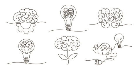 Single continuous line symbol set of light bulb with brain, wheel gear,  plug, leaves vector illustration. One line drawing innovation concept. Design for poster, card, label