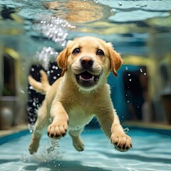 Golden labrador puppy's amusing underwater photo, diving deep and jumping in the pool