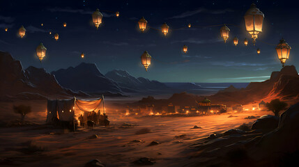 Fantasy Landscape with Moon and Lanterns.  3d  Rendering