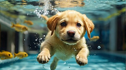 Golden labrador puppy having fun in the pool - an amusing underwater photo of it diving deep and jumping.