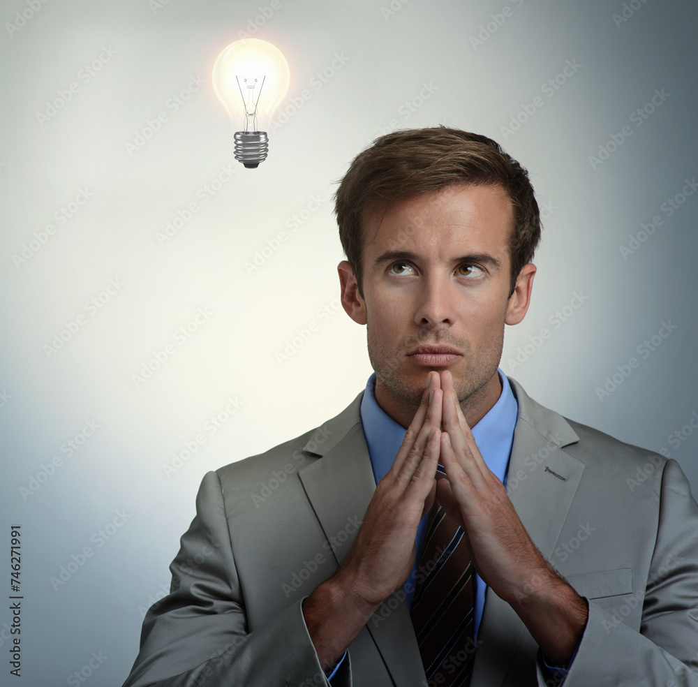 Aufkleber thinking, idea or business man with lightbulb for vision in studio isolated on gray background overl