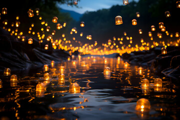 Floating lanterns in the river. The light is reflected in the water. - obrazy, fototapety, plakaty