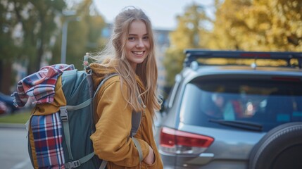 A pretty, young female student moving into her college dorm with her luggage and belongings from her vehicle.