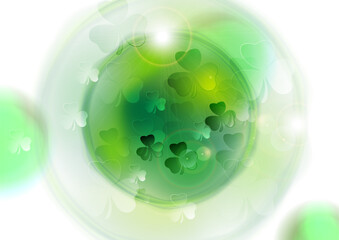 St Patrick Day green white abstract background with shamrock leaves, circle and glowing lights. Vector design