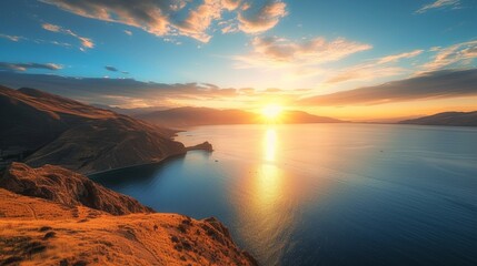 A mesmerizing sunset over Lake Titicaca, the highest navigable lake in the world, located on the border of Peru and Bolivia.  - obrazy, fototapety, plakaty