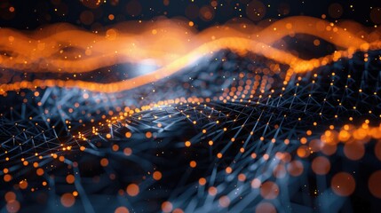 Digital art background in the futuristic style. Lights dots and wafes, bokeh, geodesic structures