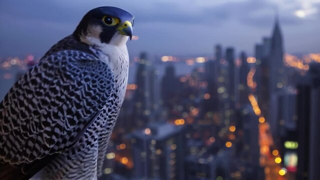 Closeup of a peregrine falcon perched high above the city its beautiful and distinctive patterned feathers glinting in the moonlight.