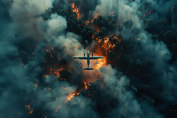 Forest fires, plane flies over a forest covered with thick smoke and fire. Top view aircraft is on...