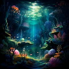 Fototapeta na wymiar Underwater scene with coral reef and fishes. Digital art painting.