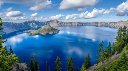 A serene morning at Crater Lake in Oregon, USA, known for its deep blue waters and the iconic...