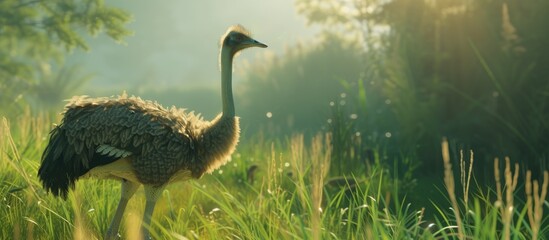 An ostrich strides through a grassy field, its long legs propelling it forward against the lush green backdrop of the landscape. - Powered by Adobe