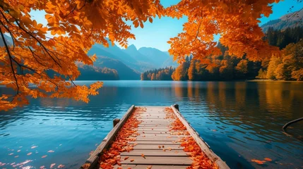 Plexiglas foto achterwand A tranquil mountain lake framed by vibrant autumn foliage, with a wooden dock extending into the water, inviting contemplation of the serene natural beauty. © Resonant Visions