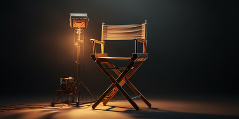 Empty Black Director's Chair on Film Set ,Back View in Dramatic Lighting , Symbolic Black Chair Illuminated by Cinematic Backlight  ,