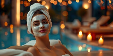 Stylish portrait of charming woman in luxury spa with cream face mask, copyspace, professional photo