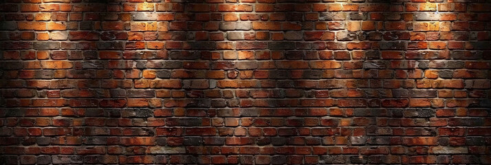 a brick wall with three lights shining up from behind the bricks, vintage brick wall background - obrazy, fototapety, plakaty