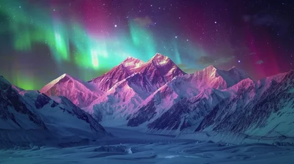Photo sur Plexiglas Anti-reflet Denali Denali, North America's tallest peak, under a vivid display of the Northern Lights. 