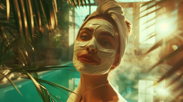 Stylish portrait of charming woman in luxury spa with cream-based face mask, professional photo