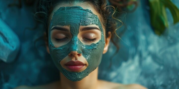 Stylish portrait of charming woman in luxury spa with clay face mask, professional photo