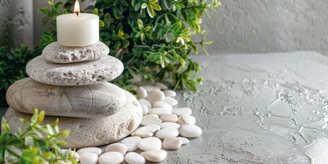 Luxury spa still life staged photo with stacked of stone, burning candle and plants decorations, free space for text, professional photo