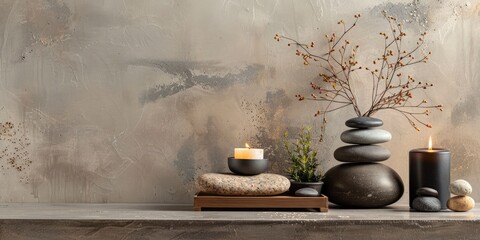 Luxury spa still life staged photo with stacked of stone, burning candle and plants decorations,...