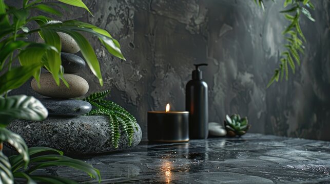 Luxury spa still life staged photo with stacked of stone, burning candle and plants decorations, free space for text, professional photo