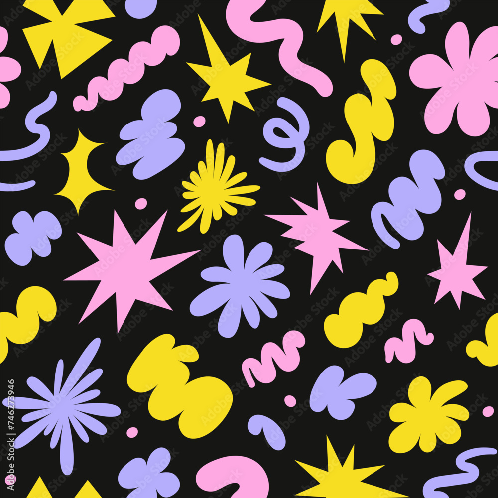 Poster Abstract seamless pattern with colorful retro groovy shapes on a black background. Vector illustration in  style 90s, 00s