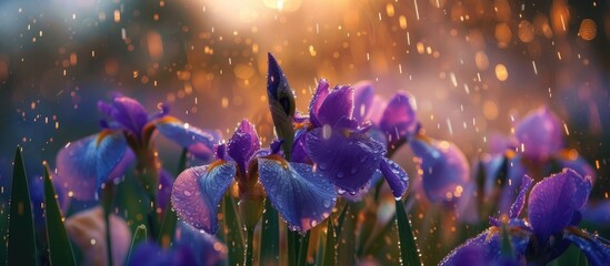 A group of vibrant purple irises is seen blooming beautifully in the rain. The droplets of water enhance the rich color of the flowers as they bend slightly under the weight of the rain. - obrazy, fototapety, plakaty