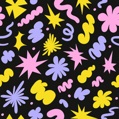 Abstract seamless pattern with colorful retro groovy shapes on a black background. Vector illustration in  style 90s, 00s