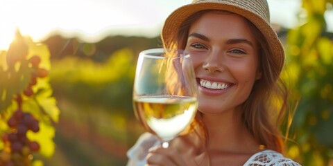 A happy lady with pearly white teeth savoring a glass of white wine on a vineyard tour in Europe, raising her glass for a toast with room for text. - obrazy, fototapety, plakaty