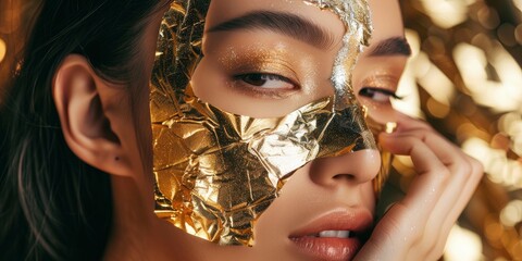 Stylish portrait of charming woman in luxury spa with foil face mask, professional photo