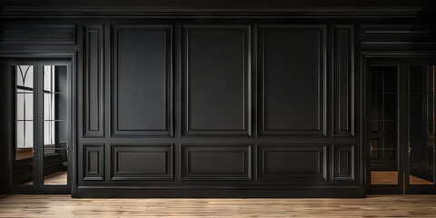 empty room with black wood wall panels background with wooden floor,Luxury wood paneling background or texture. highly crafted classic or traditional wood paneling, with a frame pattern, 