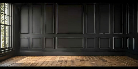 empty room with black wood wall panels background with wooden floor,Luxury wood paneling background or texture. highly crafted classic or traditional wood paneling, with a frame pattern,  - obrazy, fototapety, plakaty