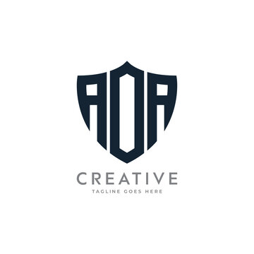 Letter "AOA" monogram and shield sign combination. Line art logo design. Symbolizes reliability, safety, power, security.