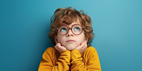 Pensive young lad wearing spectacles against a vibrant backdrop.
