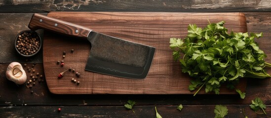 A steel cleaver and freshly chopped parsley arranged on a wooden cutting board. - Powered by Adobe