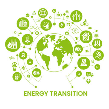 ENERGY TRANSITION. Transition to environmentally friendly world concept.  Ecology infographic. Green power production. Transition to renewable alternative energy.