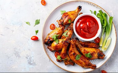 Baked chicken wings in the Asian style and tomatoes sauce on plate - obrazy, fototapety, plakaty