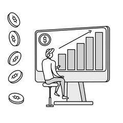 a man works while observing a chart graph on a big screen, capital market graphic chart, with income coins, doodle cartoon illustration.