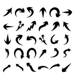 doodle of various black arrow signs on a white background, set of various signs.