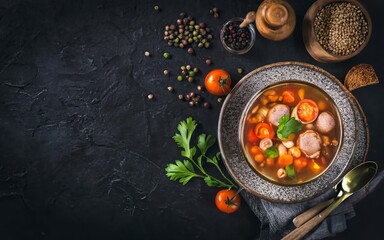 Barley soup with carrots, tomato, celery and meat on a dark background