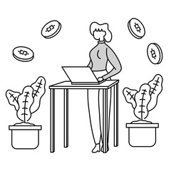 Woman is standing while working at a high table with a laptop, decorated with plants and coins, doodle cartoon illustration.