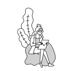 woman working with tablet sitting on bean bag sofa with decorative plants, doodle cartoon illustration