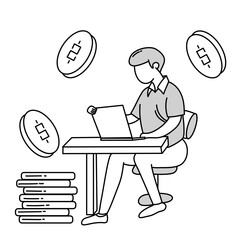 man working with laptop sitting on chair by table, work to generate high income, doodle cartoon illustration