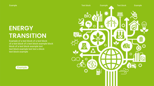ENERGY TRANSITION. Transition to environmentally friendly world concept.  Ecology infographic. Green power production. Transition to renewable alternative energy.