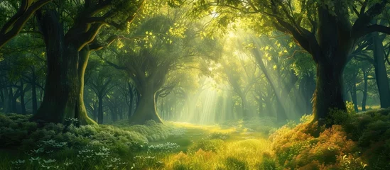  This enchanting painting captures the serenity of a green forest as sunlight streams through the majestic trees, creating a breathtaking image of natures gorgeous creation. © AkuAku