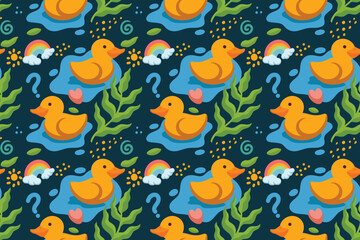 Fototapeta na wymiar Ducklings Cartoon Seamless Pattern