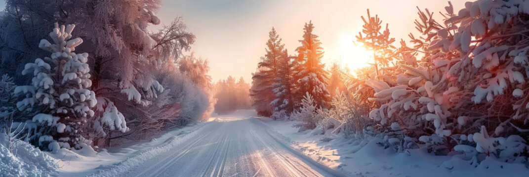 sun shining into an old road through some snow covered trees,  winter road  at sunrise or sunset