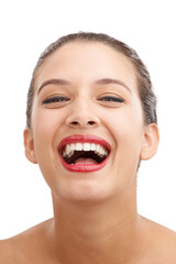 Happy woman, portrait and laughing with red lipstick for beauty, makeup or cosmetics on a white studio background. Face of female person or young model in satisfaction for lip gloss, glow or shine